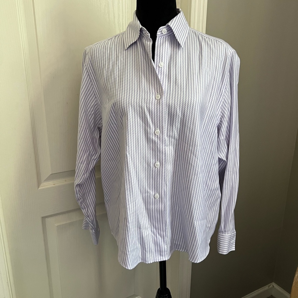Talbots Women's Purple and White Striped Button-Down Shirt